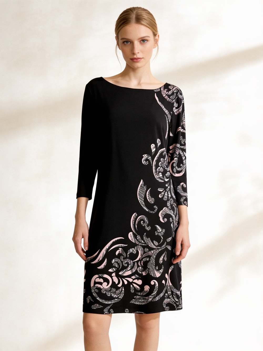 Cache Black Pink Scroll Print Sheath Dress Size 8 Boat Neck Stretch Midi